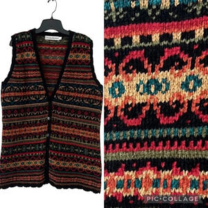 Delia McKain Women’s Vintage Chenille Button Front Vest Cardigan. FairIsle. SzL
